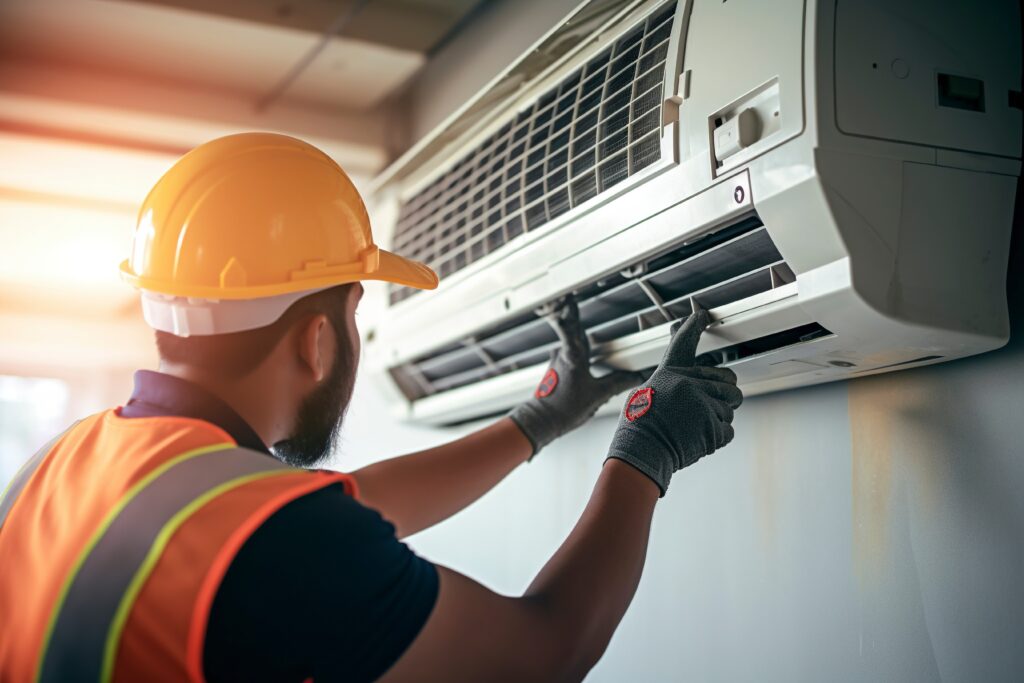 Air conditioning engineer installing a wall mounted air conditioning system