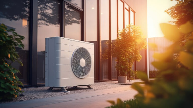 Outdoor air conditioning condenser unit installed beside a modern commercial building